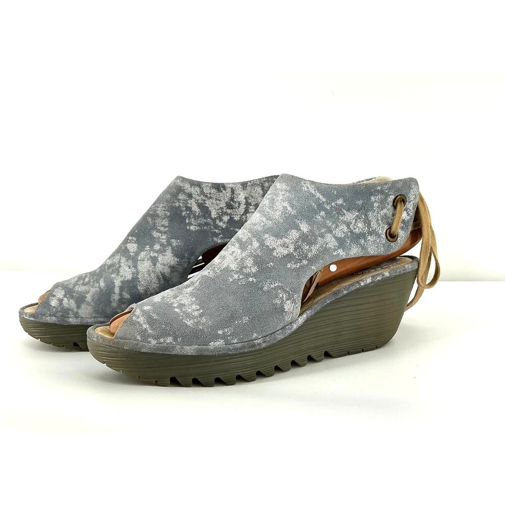 FLY London Silver Metallic Leather Wedge Sandals 37 US 6.5 7 Lace Up Peep Toe